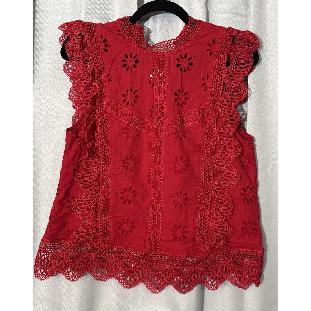 Entro Red Eyelet Lace Blouse Size M Ruffle Neck Flutter Sleeve Scalloped Hem Top